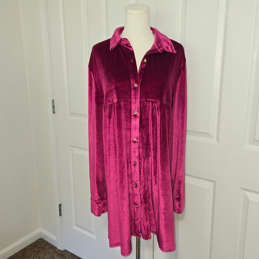 Impressions Tunic Shirt Womens Large Magenta Velvet Babydoll Button Down HCD9315